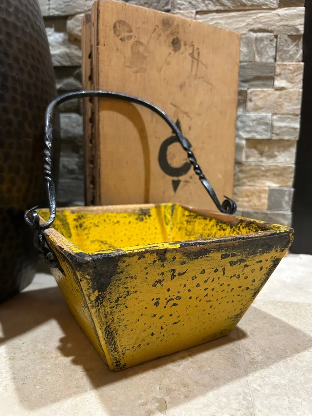 antique Chinese yellow lacquer rice measure bucket